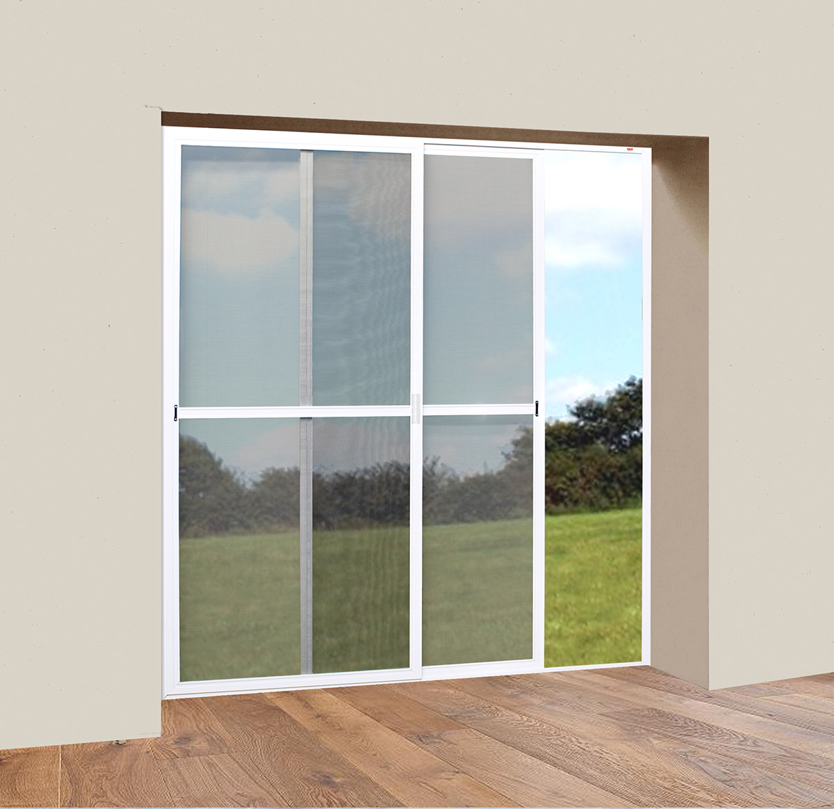 Mosquitera Corredissa horitzontal amb marc per portes de dos fulles